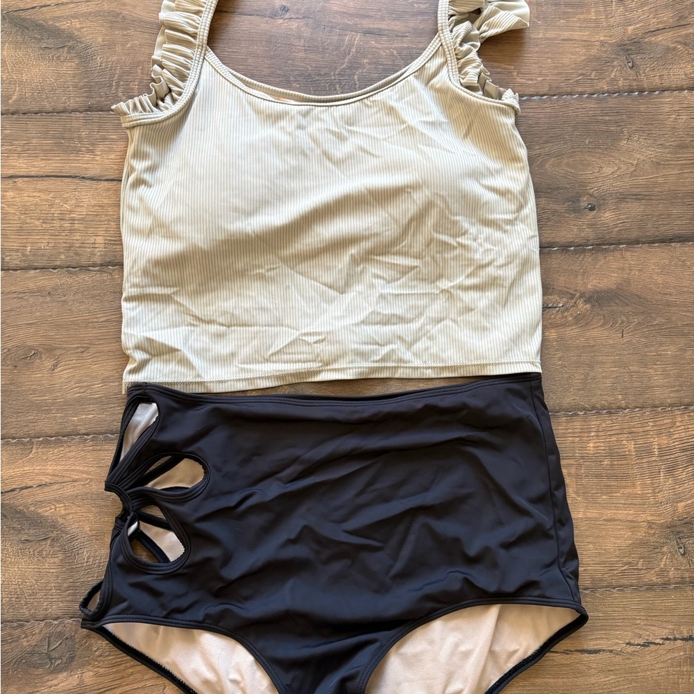 Kortni Jeane Two-Piece Tank Bikini Set in Beige and Black